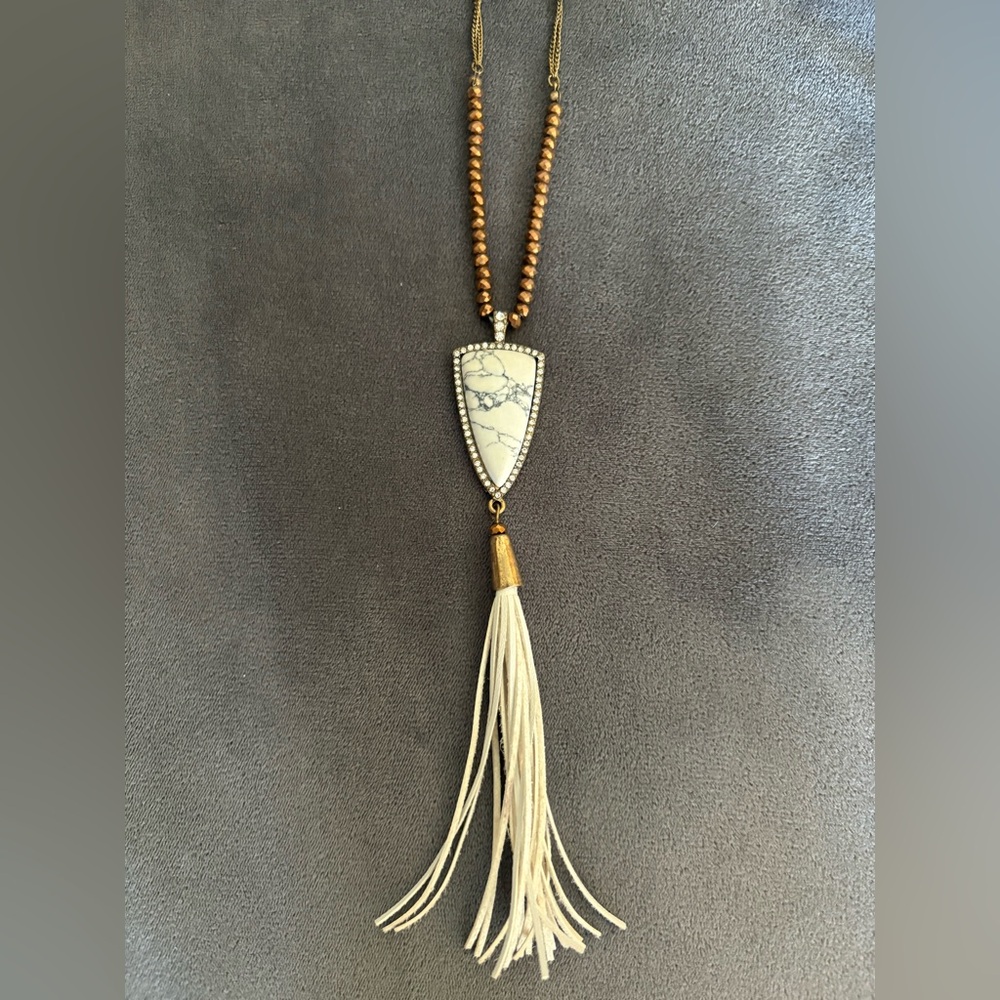 White Howlite Pendant Long Tassel Necklace - Women Jewelry